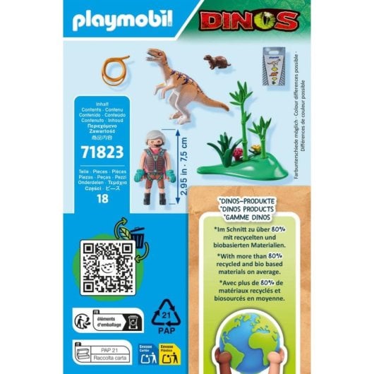 Figura Playmobil 71823 Velociraptor Multicolor com Explorador e Marmota