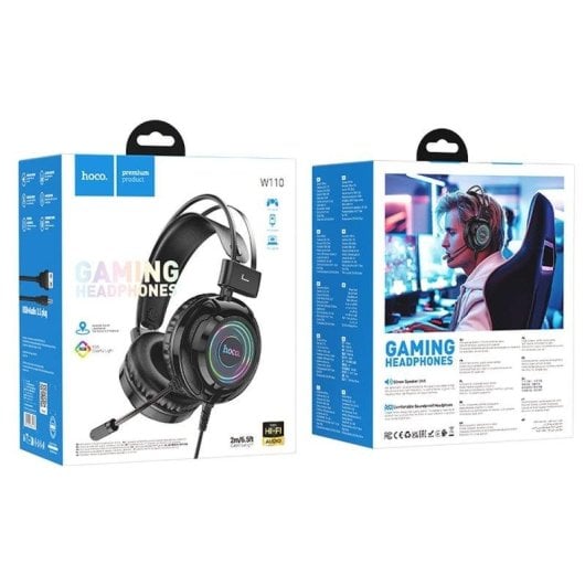 Auriculares Hoco W110 com fio Jack 3.5 mm + USB-A Gaming RGB Microfone Preto