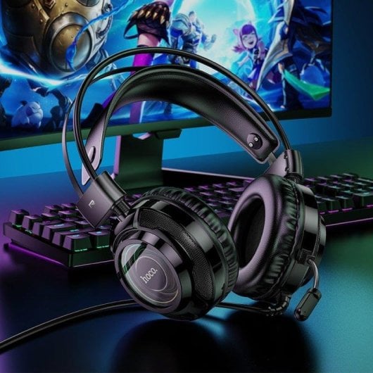 Auriculares Hoco W110 com fio Jack 3.5 mm + USB-A Gaming RGB Microfone Preto