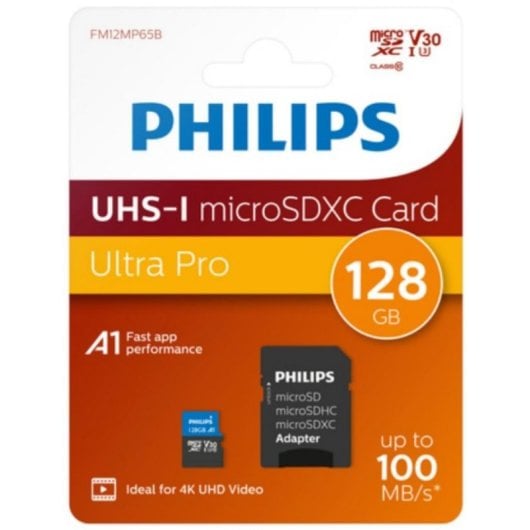Carte mémoire Philips FM12MP65B 128 Go MicroSDXC UHS-I U3 V30 A1 avec adaptateur SD