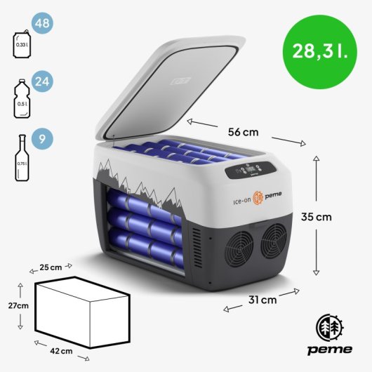 Caixa térmica portátil Peme Go 30 com pega, 27,6 litros, cinzento.
