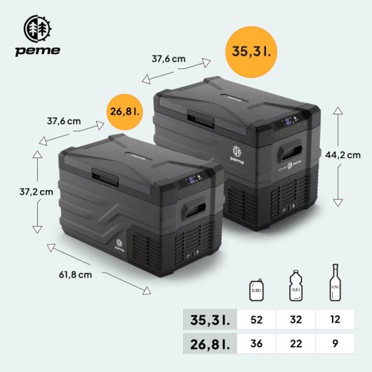 Frigorífico portátil Peme Quest 30 com compressor, 26,8 litros, preto.