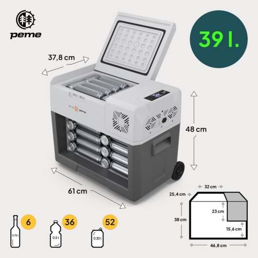 Frigorífico portátil Peme Expedition 40 com compressor, 39 litros, cinzento.