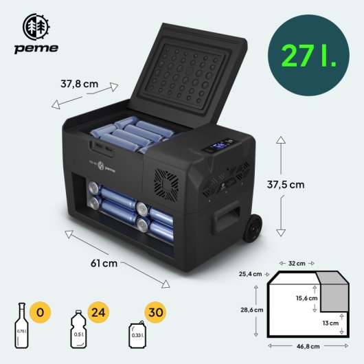 Frigorífico portátil Peme Expedition 30 com compressor, 27 litros, preto.