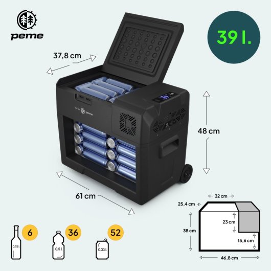 Frigorífico portátil Peme Expedition 40 com compressor, 39 litros, preto.