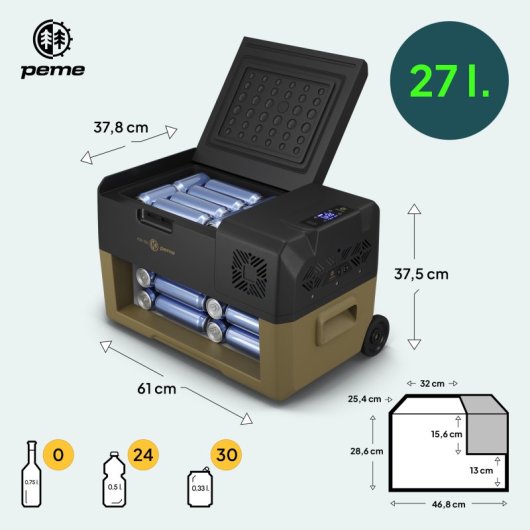 Frigorífico portátil Peme Expedition 30 com compressor, 27 litros, cor caqui.