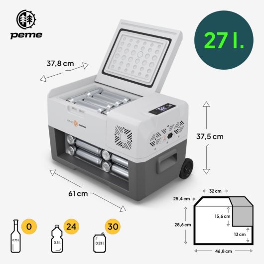 Frigorífico portátil Peme Expedition 30 com compressor, 27 litros, cinzento.