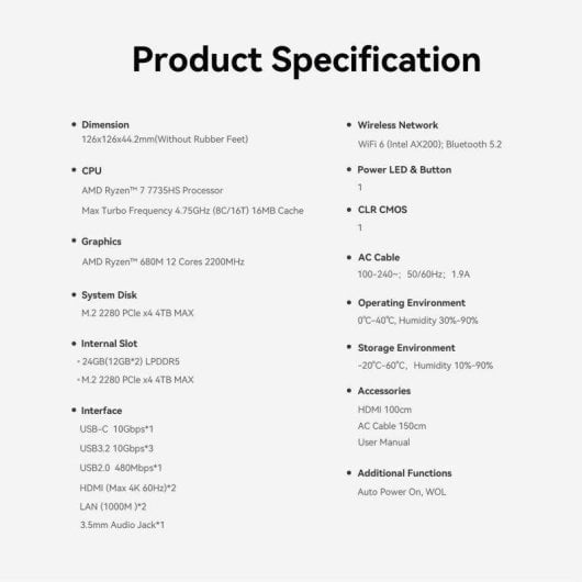 Beelink EQR7 AMD Ryzen 7 7735HS 24GB 1TB SSD Radeon 680M Windows 11 Pro Wi-Fi 6