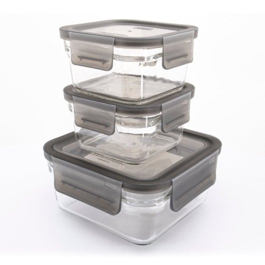 Glasslock Oven Smart - Set De 3 Recipientes Cuadrados De 0.4l Y 1.1l En Vidrio Templado Aptos Horno