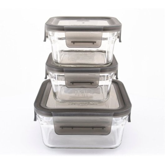 Glasslock Oven Smart - Set De 3 Recipientes Cuadrados De 0.4l Y 1.1l En Vidrio Templado Aptos Horno