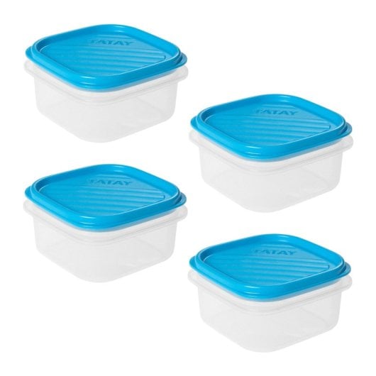 Tatay Top Flex - Juego De 4 Recipientes Cuadrados 0.3l Con Cierre A Presión. Azul