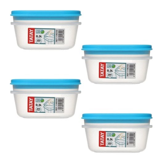Tatay Top Flex - Juego De 4 Recipientes Cuadrados 0.3l Con Cierre A Presión. Azul