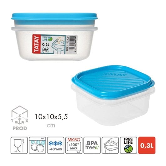 Tatay Top Flex - Juego De 4 Recipientes Cuadrados 0.3l Con Cierre A Presión. Azul