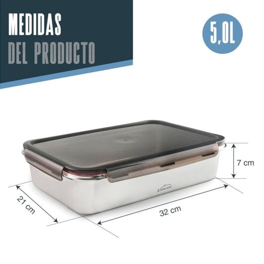 Lacor Ecoinox Pro - Recipiente Rectangular De 5.0l En Acero Inoxidable. Apto Nevera Y Horno