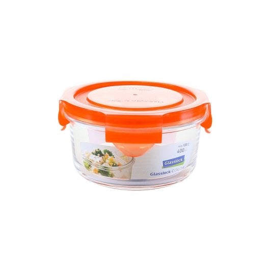 Glasslock Classic - Contenitore ermetico rotondo da 0,4 l in vetro temperato. Arancione