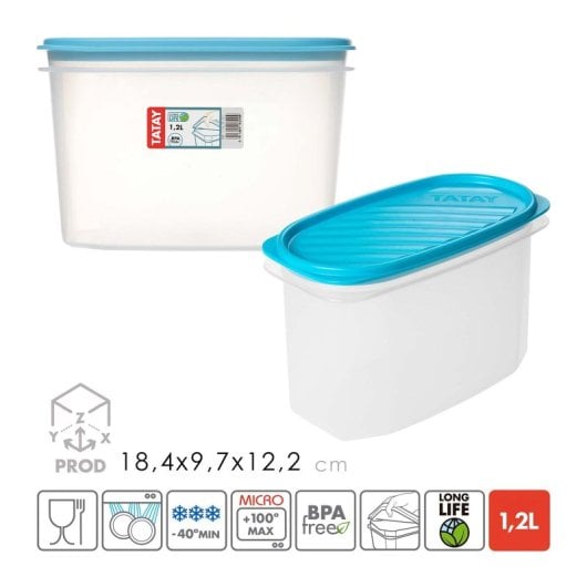 Tatay Top Flex - Set di 2 contenitori ovali alti da 1,2 l con coperchi a scatto. Blu