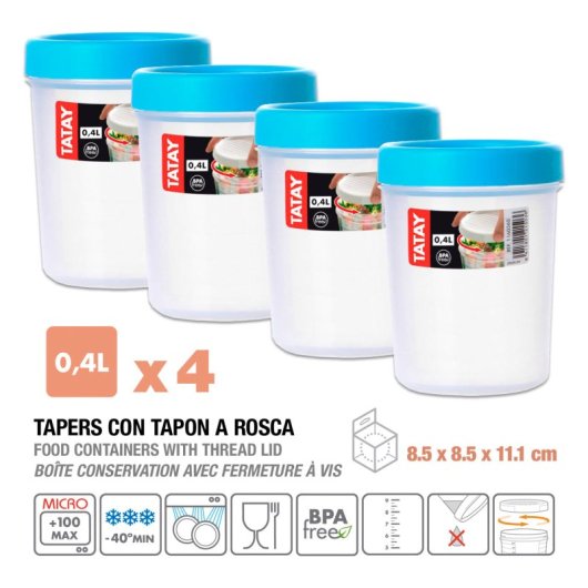 Tatay Twist - Set De 4 Recipientes Redondos 0.4l Con Cierre Hermético A Rosca. Turquesa