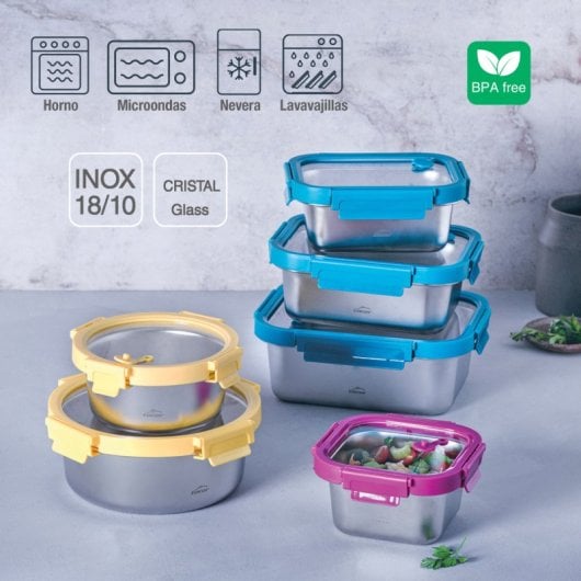 Lacor Etern - Recipiente Rectangular Bajo De 0.8l En Acero Y Tapa De Cristal Apto Microondas