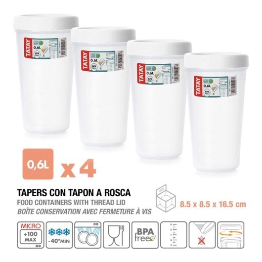 Tatay Twist - Set De 4 Recipientes Redondos 0.6l Con Cierre Hermético A Rosca. Blanco