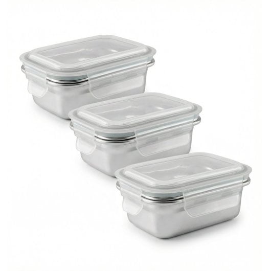 Ibili Keepklin - Lote De 3 Recipientes Rectangulares De 0.6l En Acero Inox. Apto Microondas