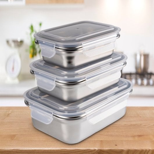 Ibili Keepklin - Lote De 3 Recipientes Rectangulares De 0.6l En Acero Inox. Apto Microondas