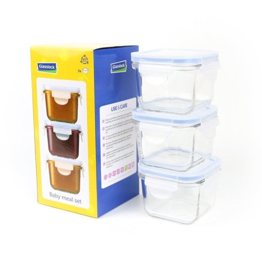Glasslock Baby - Set di 3 contenitori quadrati in vetro temperato da 0,2 l