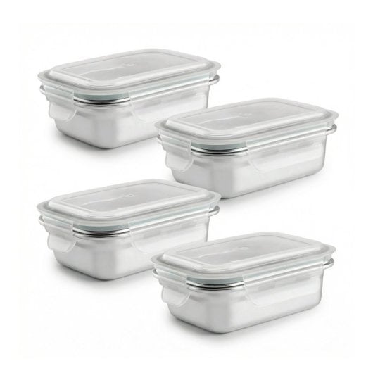 Ibili Keepklin - Lote De 4 Recipientes Rectangulares De 0.4l En Acero Inox. Apto Microondas
