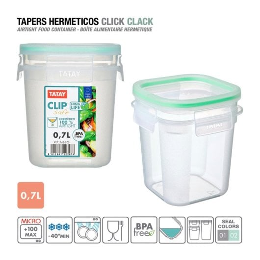 Tatay Clip Safe - Contenitore ermetico quadrato da 0,7 l con chiusura a linguetta. Verde