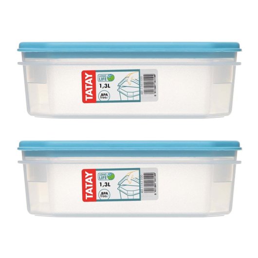 Tatay Top Flex - Juego De 2 Recipientes Cuadrados Planos 1.3l Con Cierre A Presión. Azul