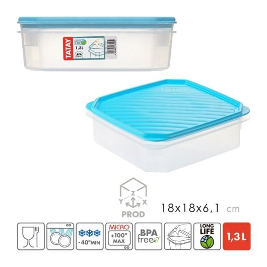 Tatay Top Flex - Juego De 2 Recipientes Cuadrados Planos 1.3l Con Cierre A Presión. Azul