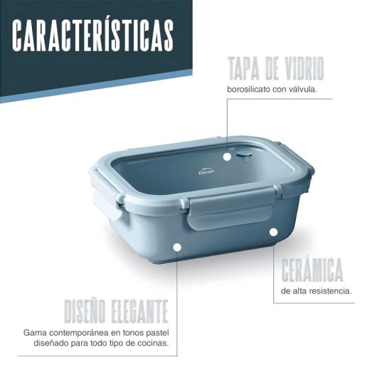 Lacor Ceram - Recipiente Rectangular De 0.65l En Cerámica Y Tapa De Cristal Apto Microondas. Blue