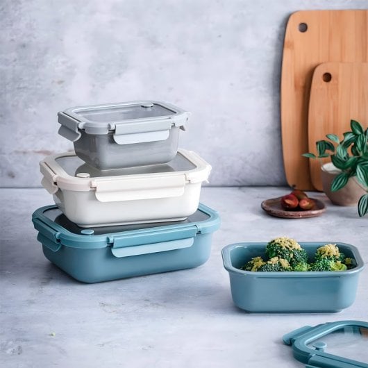 Lacor Ceram - Recipiente Rectangular De 0.65l En Cerámica Y Tapa De Cristal Apto Microondas. Blue