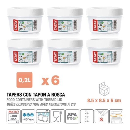 Tatay Twist - Set di 6 contenitori rotondi da 0,2 l con coperchi ermetici a vite. Bianco