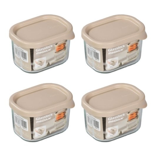 Glasslock Modular - Lote De 4 Recipientes Rectangulares De 0.3l En Vidrio Templado Para Nevera