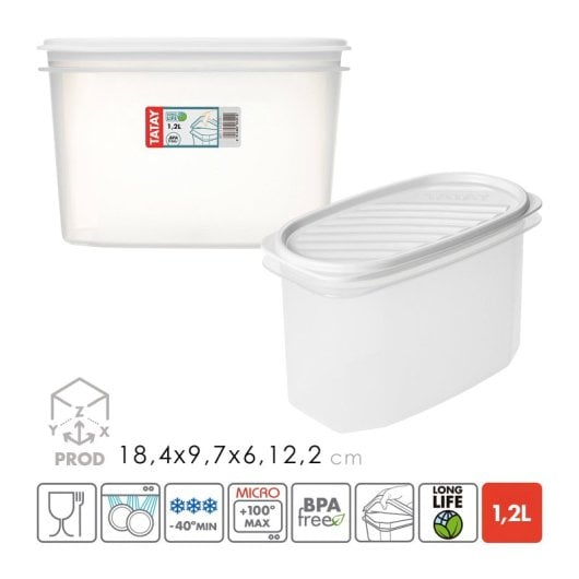 Tatay Top Flex - Juego De 2 Recipientes Ovalados Altos 1.2l Con Cierre A Presión. Blanco