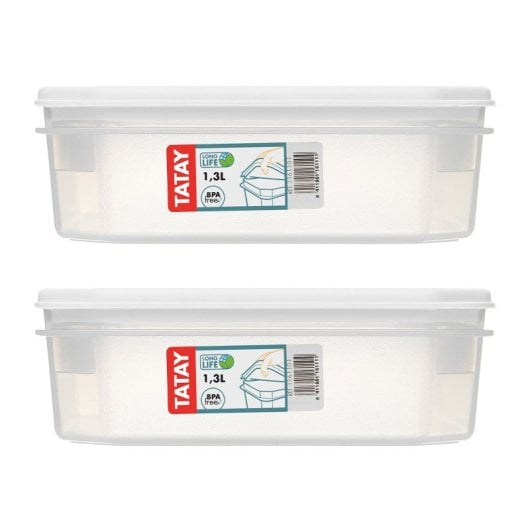 Tatay Top Flex - Juego De 2 Recipientes Cuadrados Planos 1.3l Con Cierre A Presión. Blanco