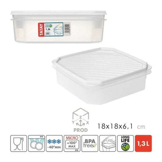 Tatay Top Flex - Juego De 2 Recipientes Cuadrados Planos 1.3l Con Cierre A Presión. Blanco