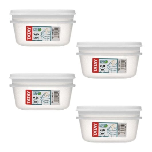 Tatay Top Flex - Juego De 4 Recipientes Cuadrados 0.3l Con Cierre A Presión. Blanco