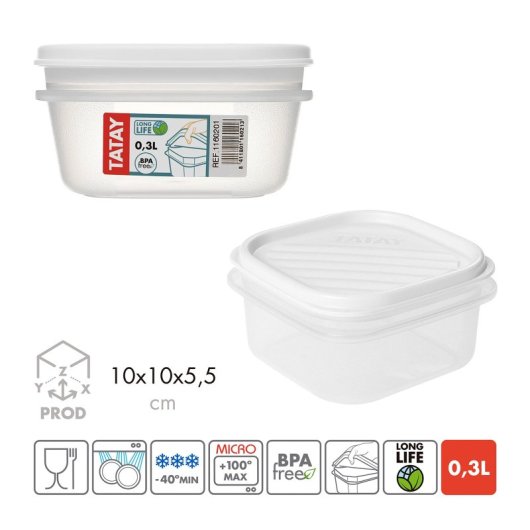 Tatay Top Flex - Juego De 4 Recipientes Cuadrados 0.3l Con Cierre A Presión. Blanco