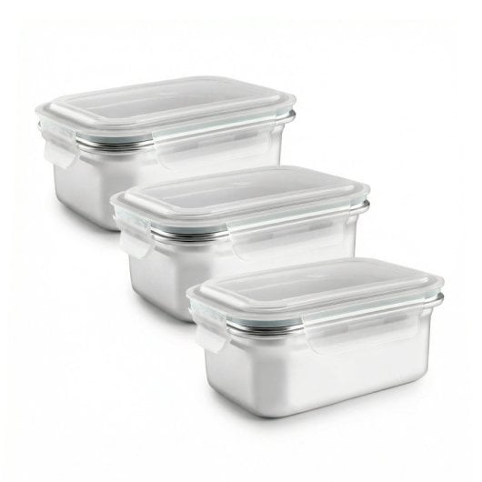 Ibili Keepklin - Lote De 3 Recipientes Rectangulares De 0.8l En Acero Inox. Apto Microondas