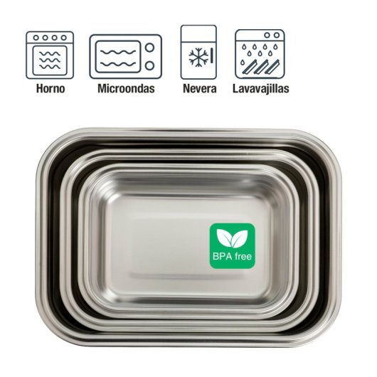 Ibili Keepklin - Lote De 3 Recipientes Rectangulares De 0.8l En Acero Inox. Apto Microondas