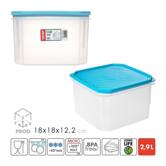 Tatay Top Flex - Recipiente Hermético Cuadrado De 2.9l Con Cierre A Presión. Turquesa