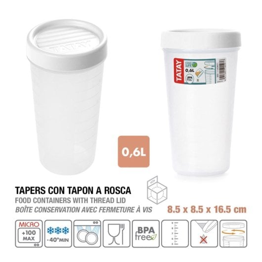 Tatay Twist - Recipiente Redondo De 0.6l Con Cierre Hermético A Rosca. Blanco