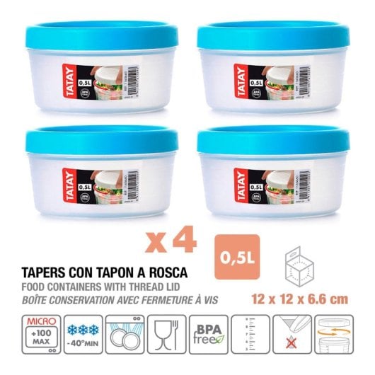 Tatay Twist - Set De 4 Recipientes Redondos 0.5l Con Cierre Hermético A Rosca. Turquesa