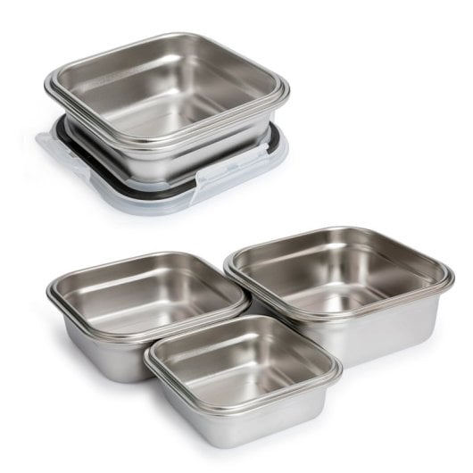 Ibili Keepklin - Lote De 3 Recipientes Cuadrados De 0.3l, 0.5l Y 0.8l En Acero Apto Microondas