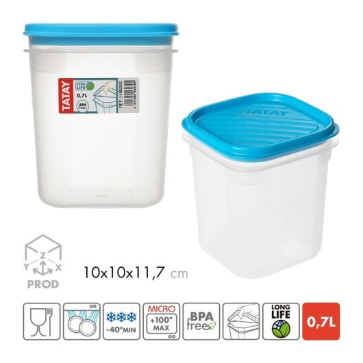 Tatay Top Flex - Juego De 4 Recipientes Cuadrados Altos 0.7l Con Cierre A Presión. Azul