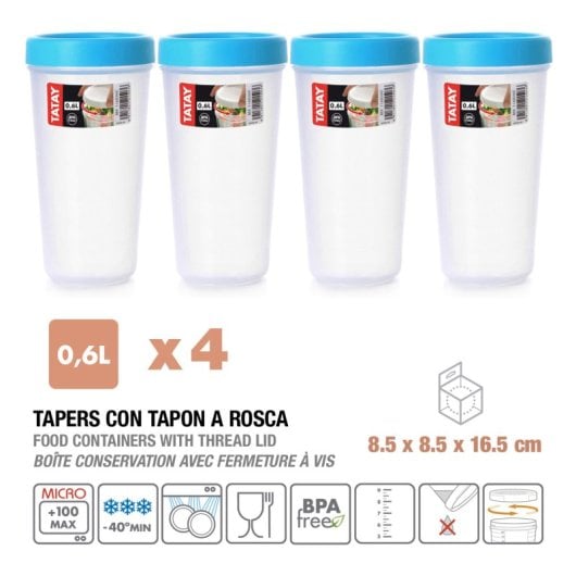 Tatay Twist - Set De 4 Recipientes Redondos 0.6l Con Cierre Hermético A Rosca. Turquesa