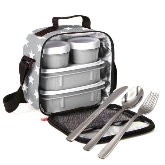 Borsa termica per il pranzo e set di posate Tatay Kit Urban Food. Stelle grigie