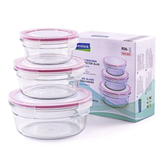 Glasslock Oven Safe - Lote De 3 Recipientes Redondos De 0.4l, 0.9l Y 1.5l En Vidrio Apto Horno