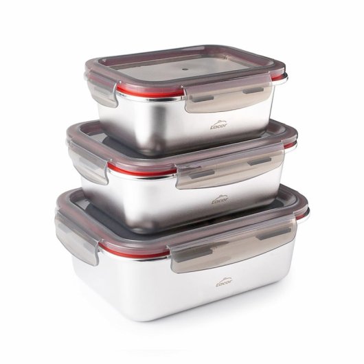 Lacor Ecoinox - Lote De 3 Recipientes Rectangulares De 0.8l, 1.2l Y 1.8l En Acero Inox. Apto Microondas